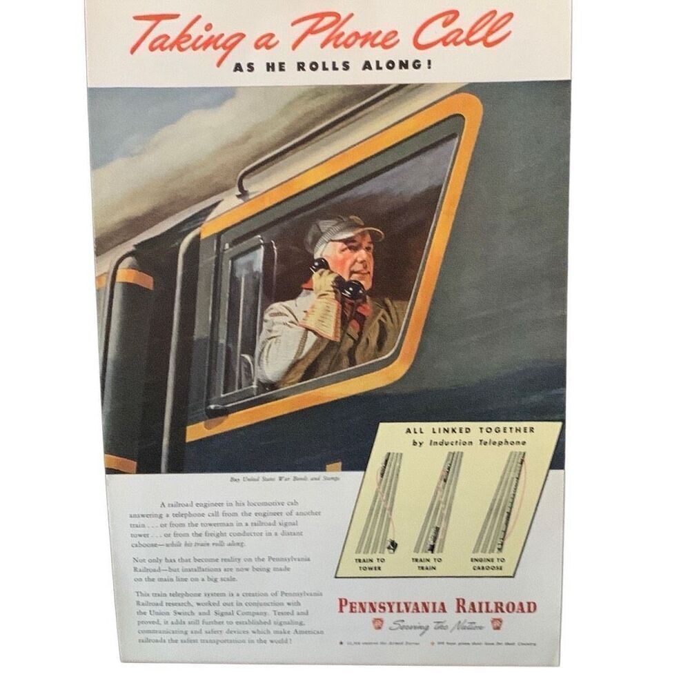 Vintage 1945 Pennsylvania Railroad Taking a Phone Call Ad Advertisement